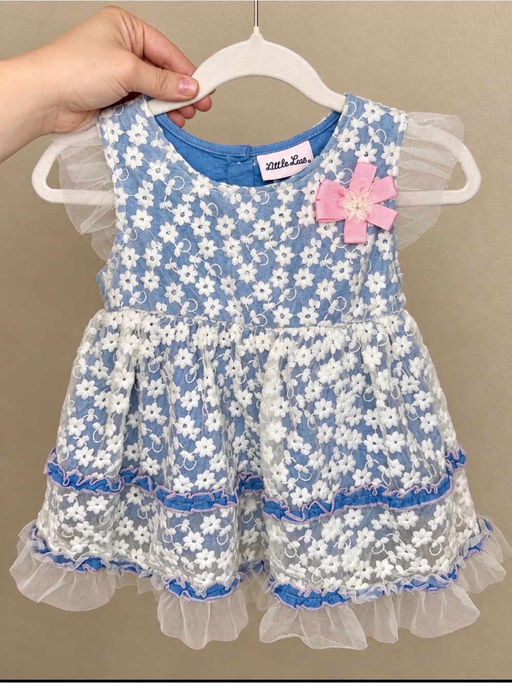 4T Little Lass Blue & White Floral Lace Tulle Dress